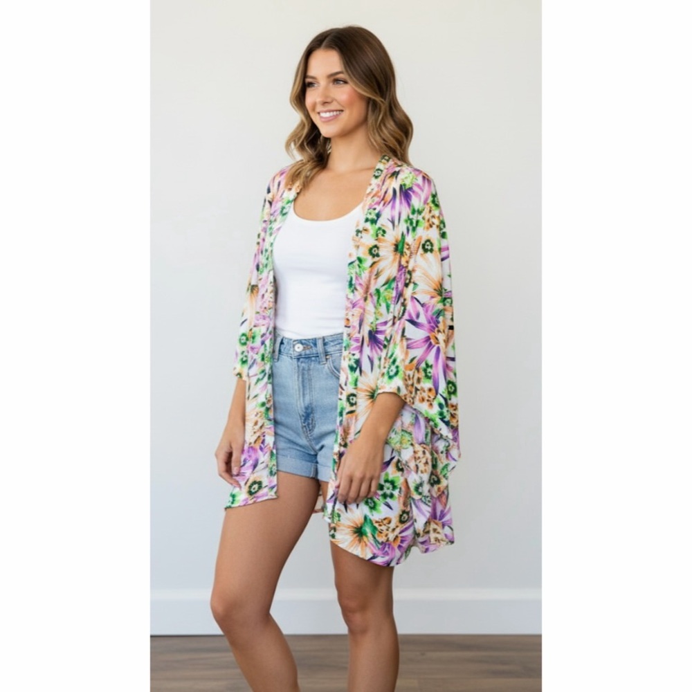 Style Envy | Tropical Botanical Floral Angel Winged Sleeves Open Front Kimono